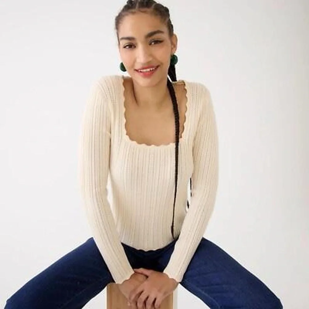 J. Crew Ivory Scalloped Neck Sweater